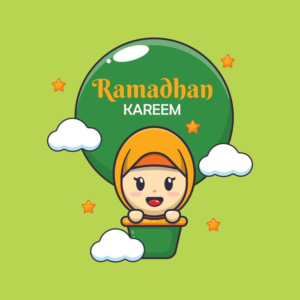 Cute girl flying air balloon in ramadan. Ramadan cartoon mascot vector illustration.