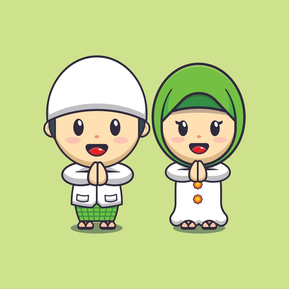 cute boy and girl in ramadhan. Ramadan cartoon mascot vector illustration.