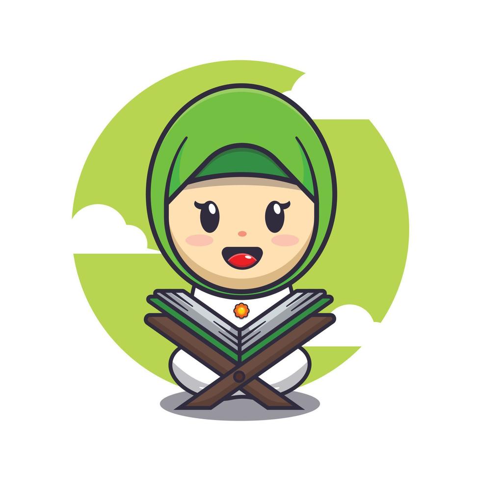 Cute girl reading Qur'an cartoon vector illustration. Ramadan cartoon mascot vector illustration.