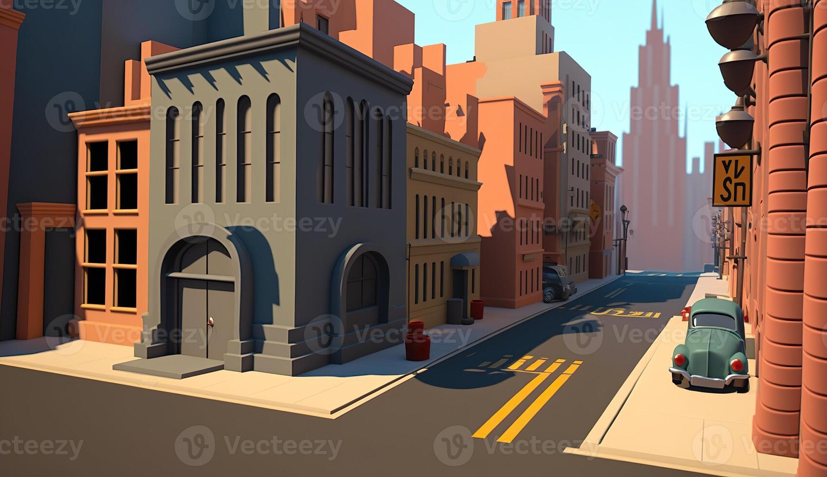 . . City urban scene in 3d Blender mode. Cartoon kids style. Can be used for design or home decoration. Graphic Art photo