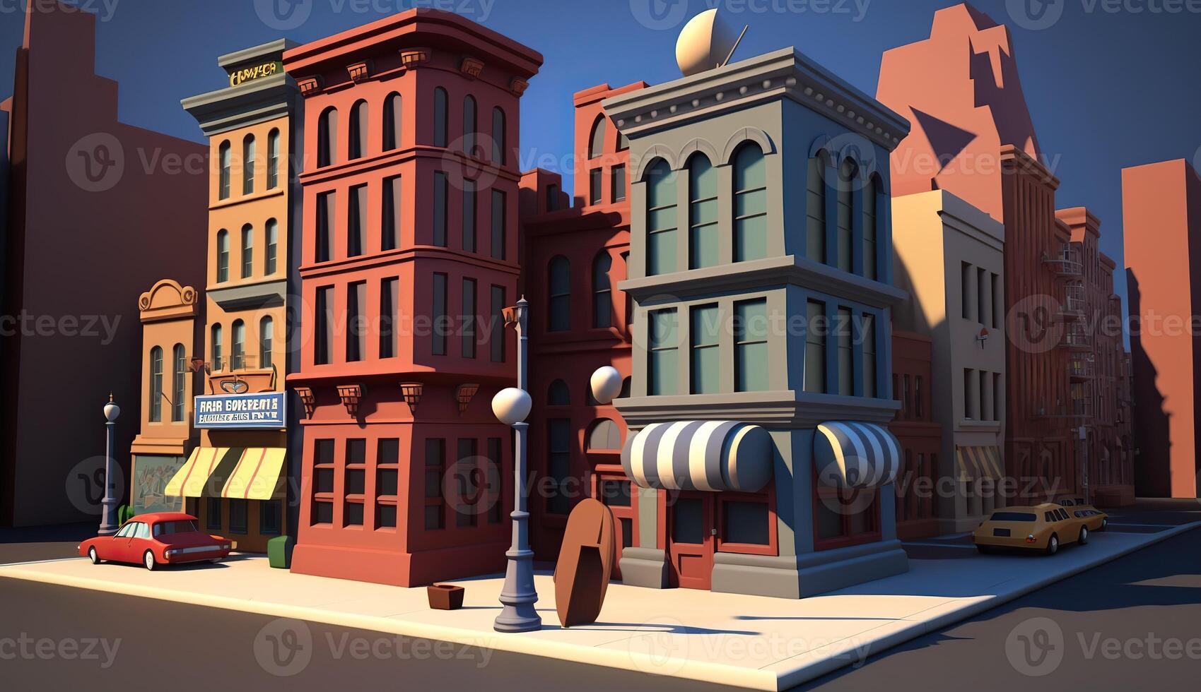 . . City urban scene in 3d Blender mode. Cartoon kids style. Can be used for design or home decoration. Graphic Art photo