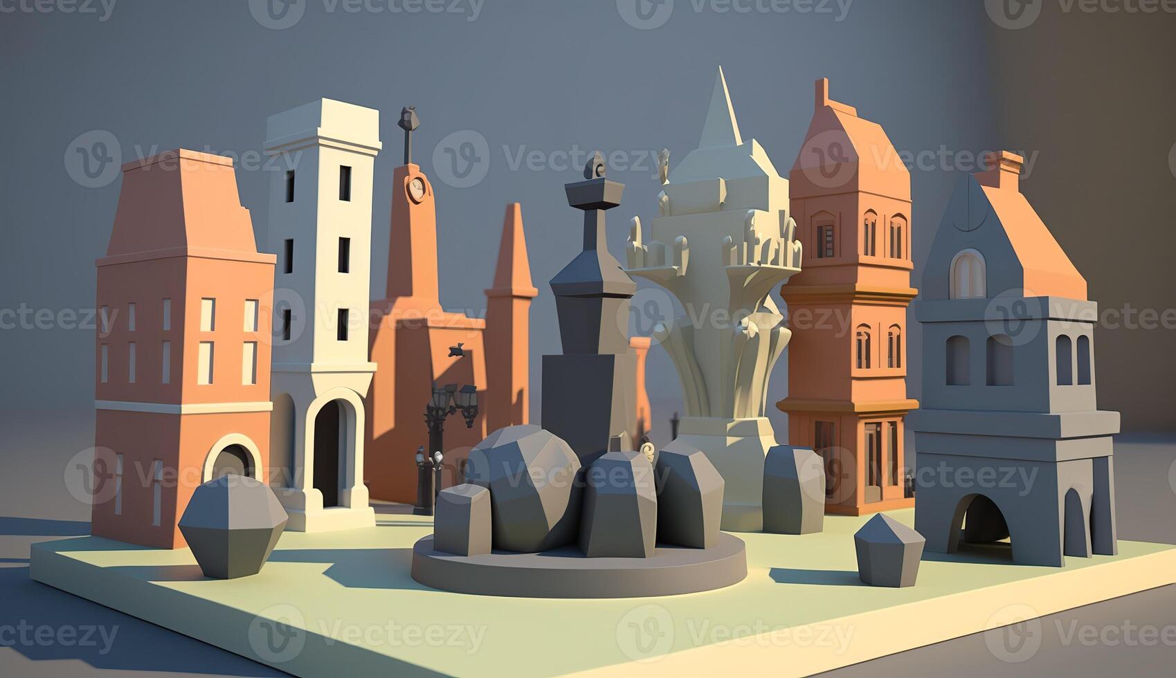 . . City urban scene in 3d Blender mode. Cartoon kids style. Can be used for design or home decoration. Graphic Art photo