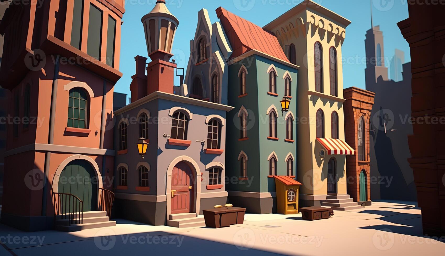 . . City urban scene in 3d Blender mode. Cartoon kids style. Can be used for design or home decoration. Graphic Art photo