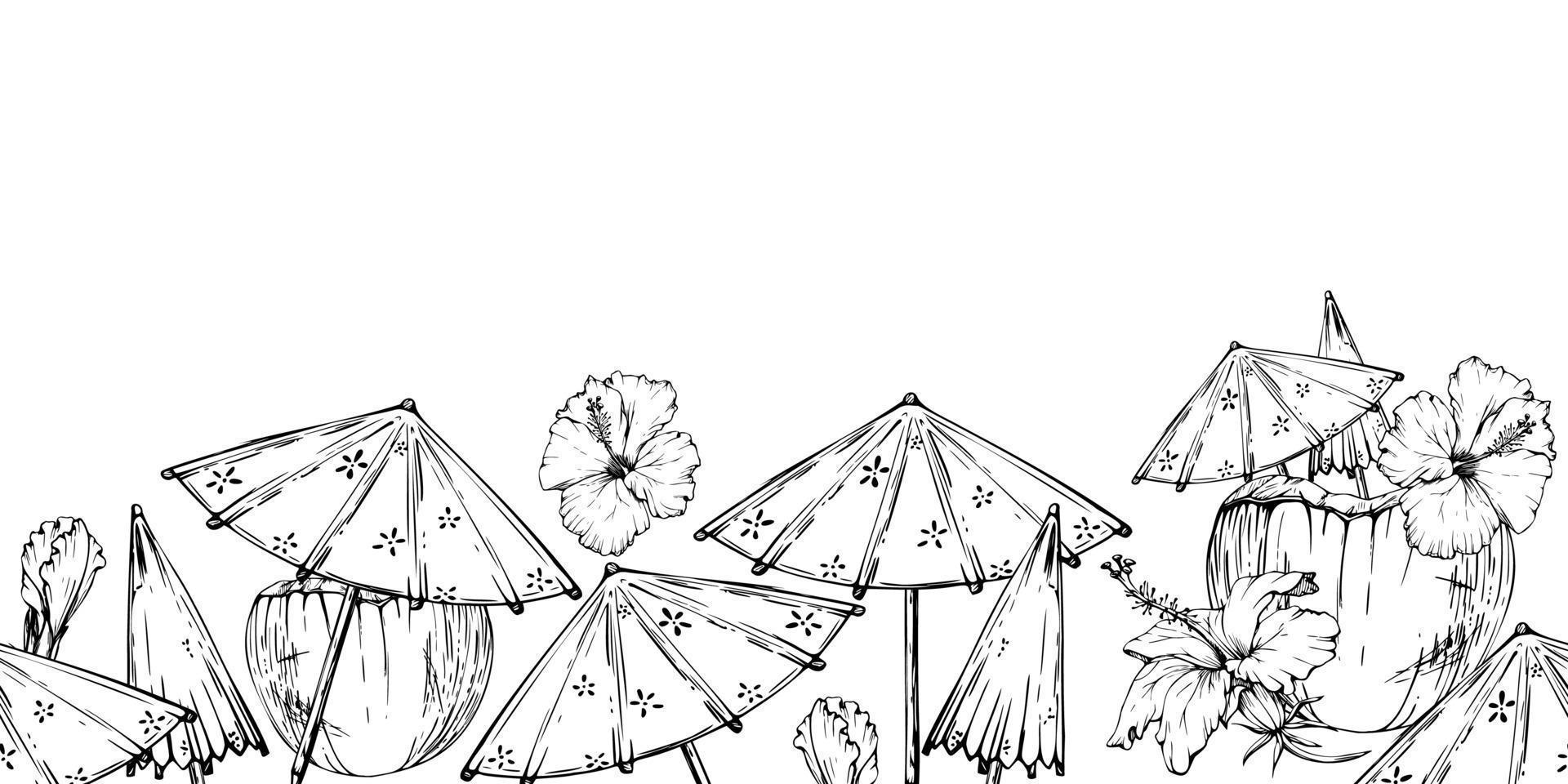 Hand drawn vector ink coconut cocktail umbrella, hibiscus. Seamless horizontal banner. Isolated on white background. Design for wall art, wedding, print, fabric, cover, card, tourism, travel booklet.