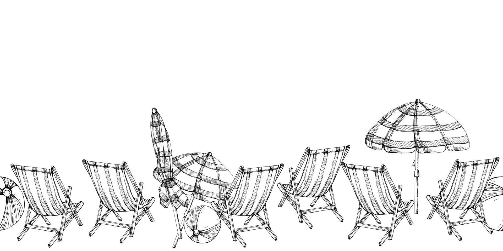 Hand drawn vector ink striped beach chair and umbrella. Seamless horizontal banner. Isolated on white background. Design for wall art, wedding, print, fabric, cover, card, tourism, travel booklet.