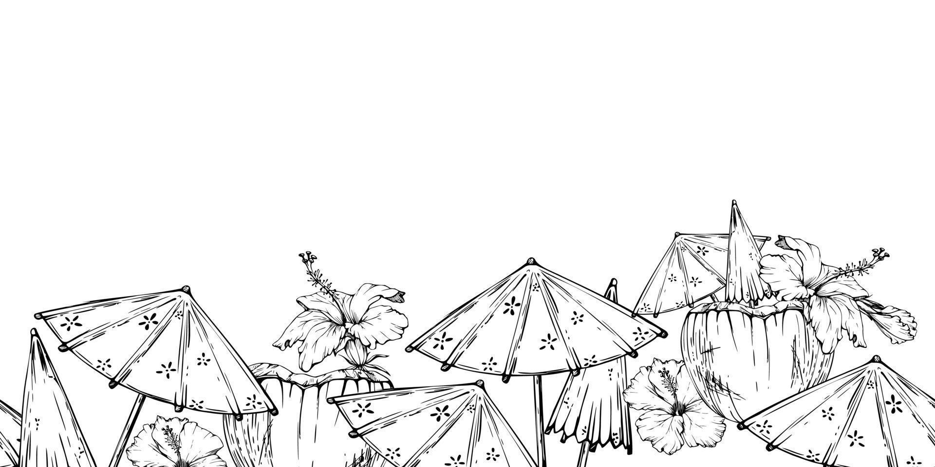 Hand drawn vector ink coconut cocktail umbrella, hibiscus. Seamless horizontal banner. Isolated on white background. Design for wall art, wedding, print, fabric, cover, card, tourism, travel booklet.
