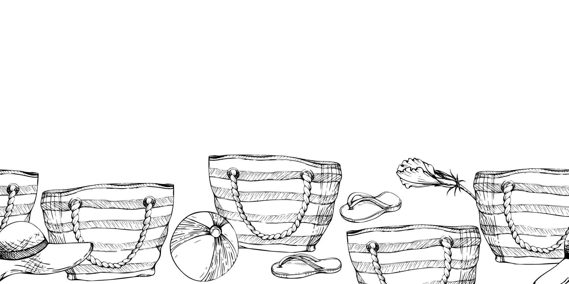 Hand drawn vector ink striped beach bag, sun hat, sea glass. Seamless horizontal banner. Isolated on white background. Design for wall art, wedding, print, fabric, cover, card, tourism, travel booklet