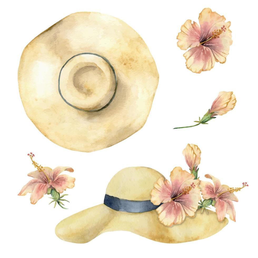 Hand drawn watercolor composition. Straw wide-brim yellow sun hat, exotic hibiscus flower. Isolated on white background. Design wall art, wedding, print, fabric, cover, card, tourism, travel booklet. vector