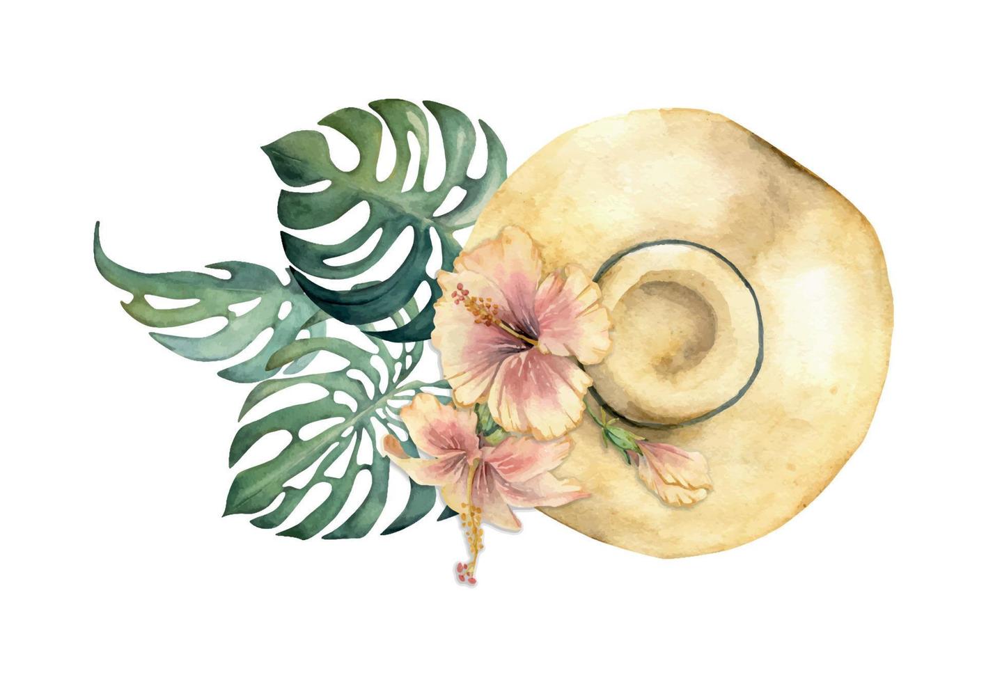 Hand drawn watercolor composition. Straw sun hat, exotic hibiscus flower, monstera leaves. Isolated on white background. Design wall art, wedding, print, fabric, cover, card, tourism, travel booklet. vector