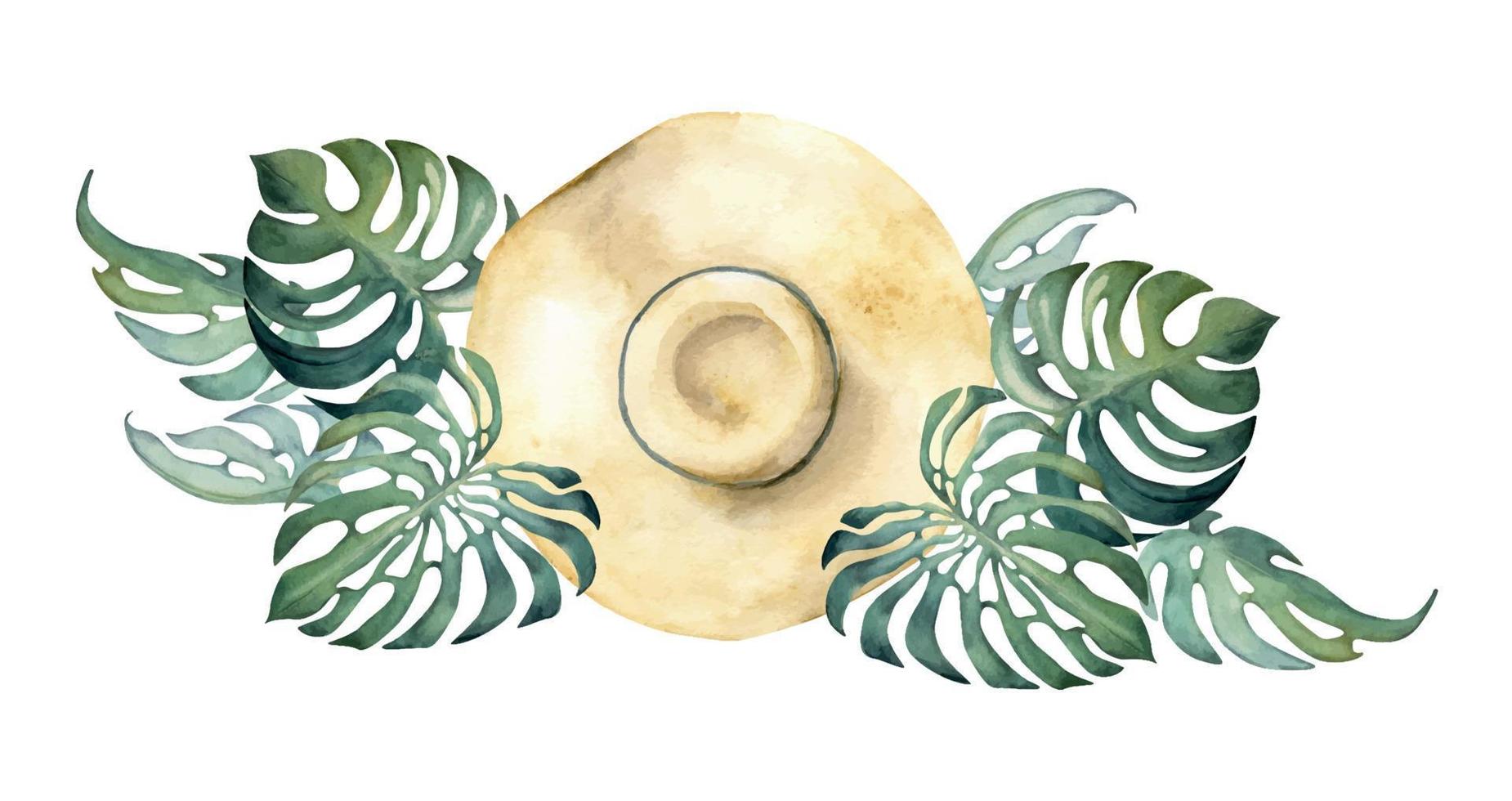 Hand drawn watercolor composition. Straw sun hat, exotic hibiscus flower, monstera leaves. Isolated on white background. Design wall art, wedding, print, fabric, cover, card, tourism, travel booklet. vector