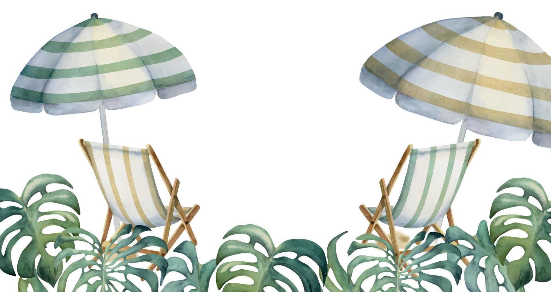 Hand drawn watercolor composition. Striped beach umbrellas, chairs and monstera leaves border. Isolated on white background. Wall art, wedding, print, fabric, cover, card, tourism, travel booklet. vector