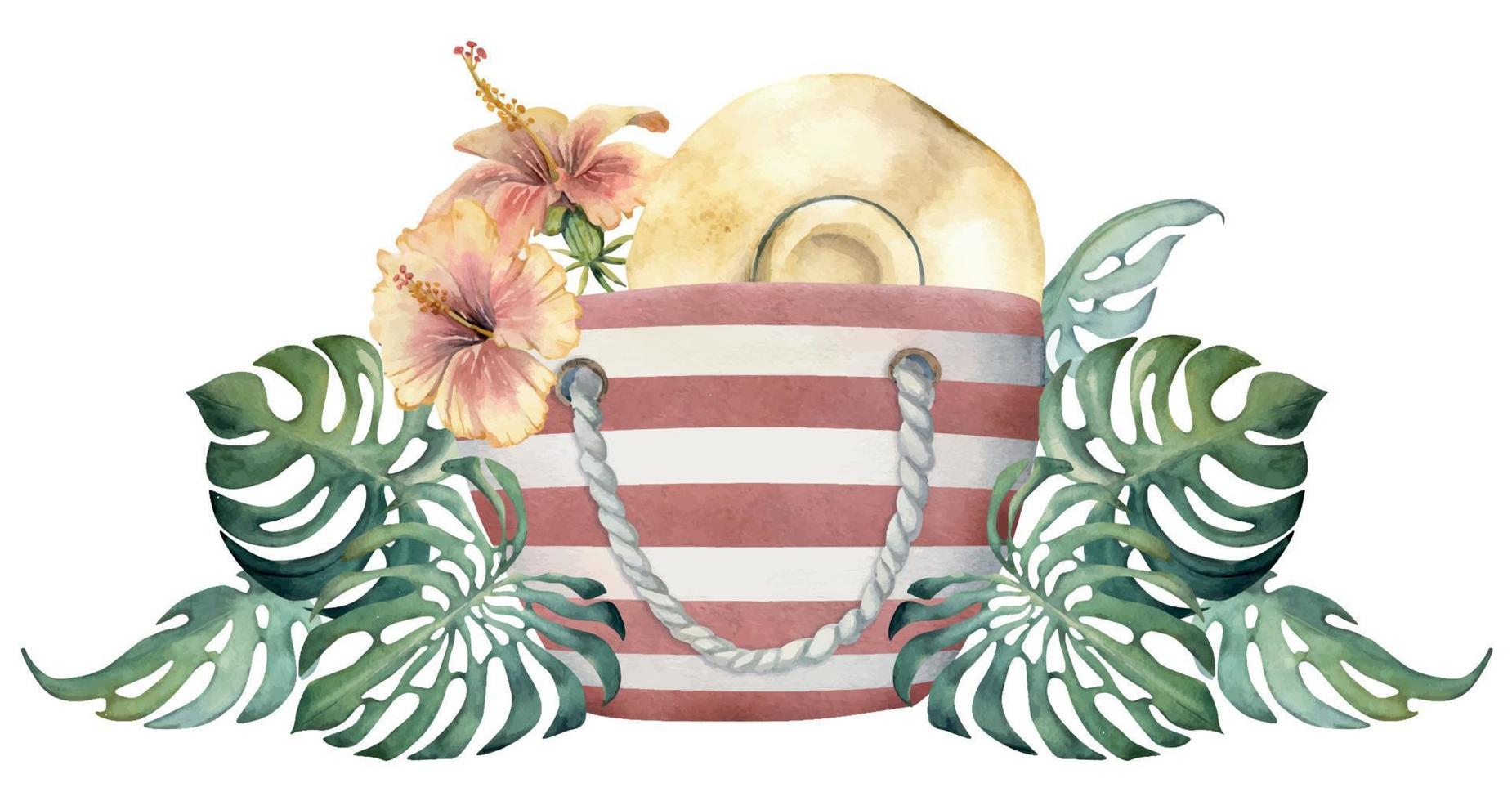 Hand drawn watercolor composition. Striped beach bag, straw sun hat, exotic hibiscus flower Isolated on white background. Design wall art, wedding, print, fabric, cover, card, tourism, travel booklet. vector