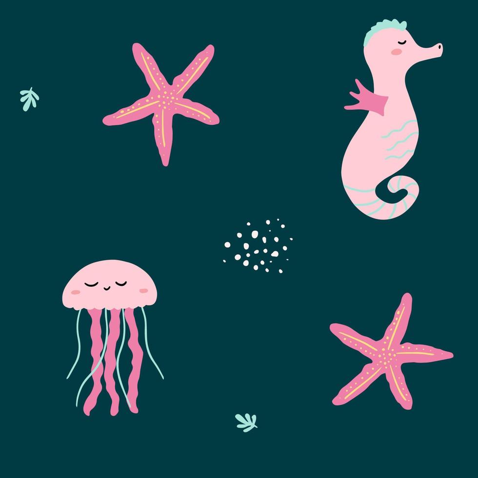 Cute seamless pattern on a sea theme with jellyfish, starfish, and a seahorse. Oceanic background design for children's wallpaper or fabric for kids. vector