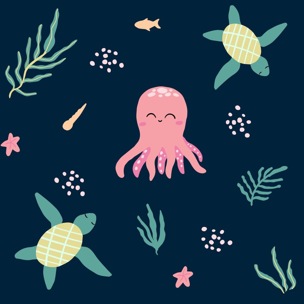 Cute sea background with an octopus, and turtles. Blue pattern illustration of ocean animals for children. Sea theme wallpaper for decoration with fish, seaweed, starfish and bubbles. vector