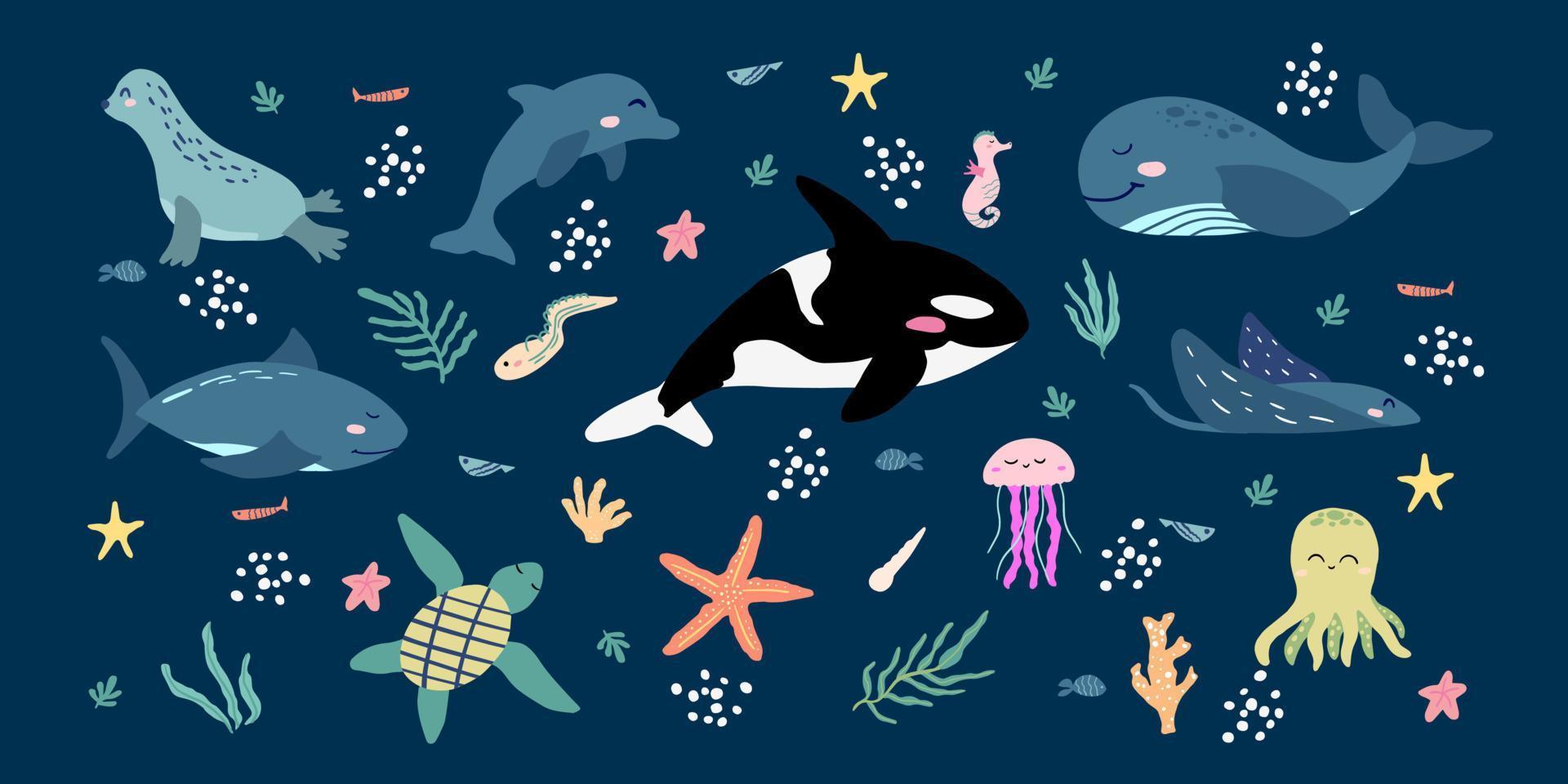 Set of hand drawn sea animals for children. Clipart of cute dolphin, orca, whale, octopus and other ocean creatures in childish style. vector