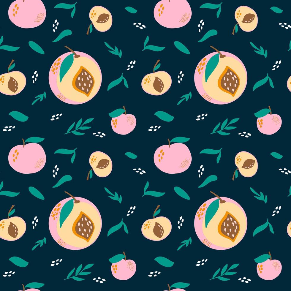 Hand drawn wallpaper with pink peaches and leaves on dark background. Seamless pattern for print on thextile or fabric. vector
