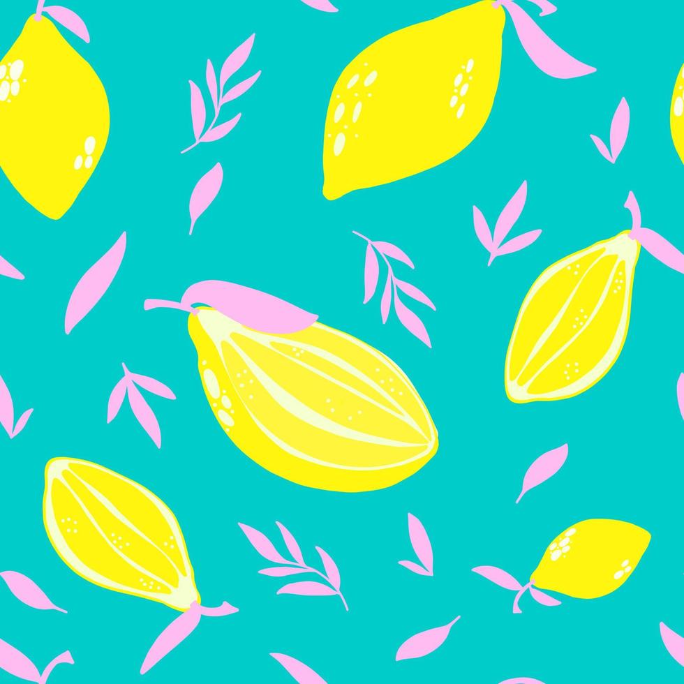 Bright seamless pattern with neon lemons and pink leaves on a turquoise background. Hand drawn illustration for wallpapers or fashion textile print. vector