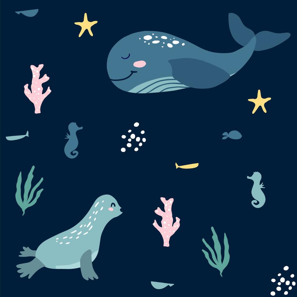 Cute deep blue illustration of sea creatures for children. Background with whale, seal, seahorse, starfish, and seaweed. Underwater theme seamless pattern. Smiley ocean animals with blush hand drawn. vector