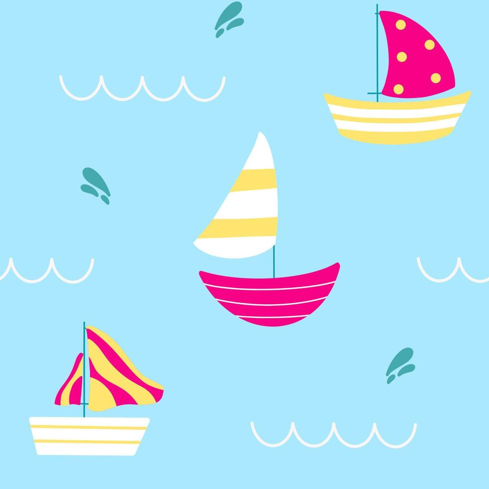 Hand drawn boats isolated on blue background. Childish seamless pattern on sea theme for printing on  textile. vector