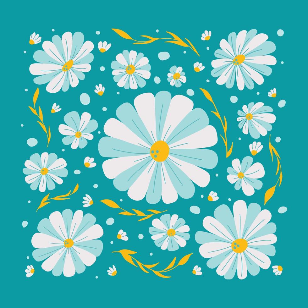 Bright background with cute hand drawn flowers on green. Perfect composition for textile print or making greeting cards. vector