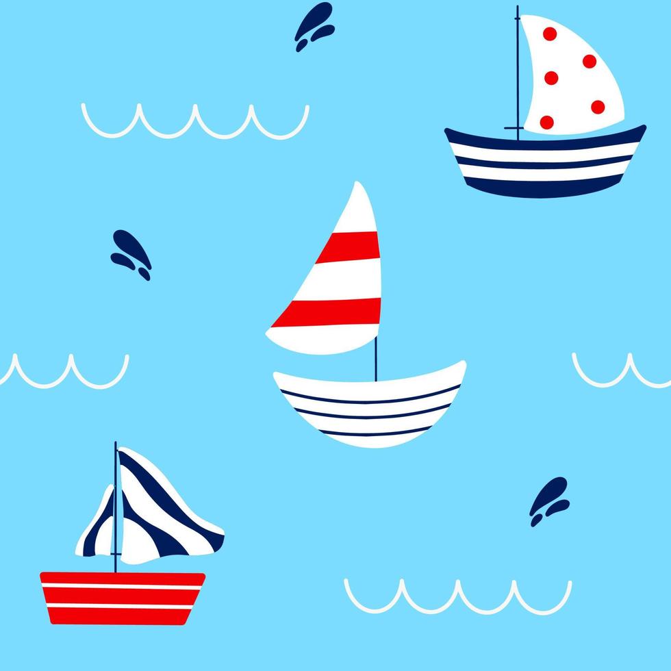 Hand drawn boats isolated on blue background. Childish seamless pattern on sea theme for printing on  textile. vector