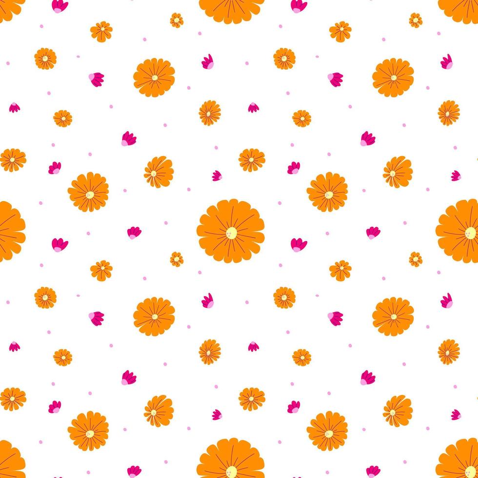Seamless pattern with cute orange and pink flowers on white background. Print for textile or wrapping paper. vector