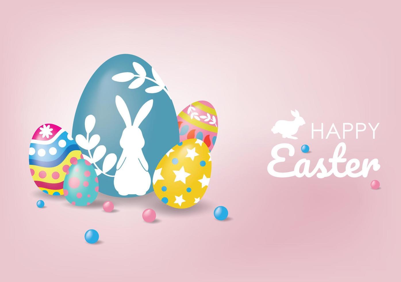 Happy Easter day banner on pink background. Concept of Easter egg hunt or egg decorating art. vector