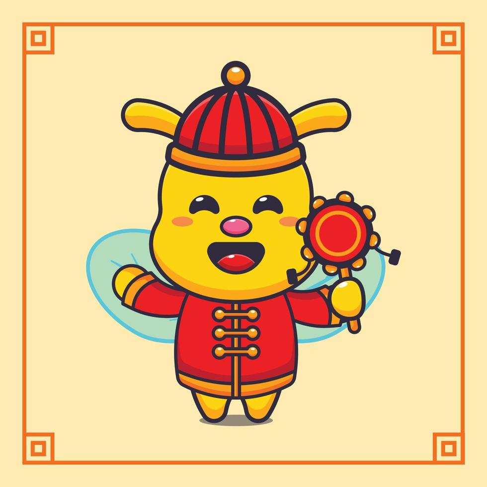 Cute bee playing drum toy in chinese new year. vector