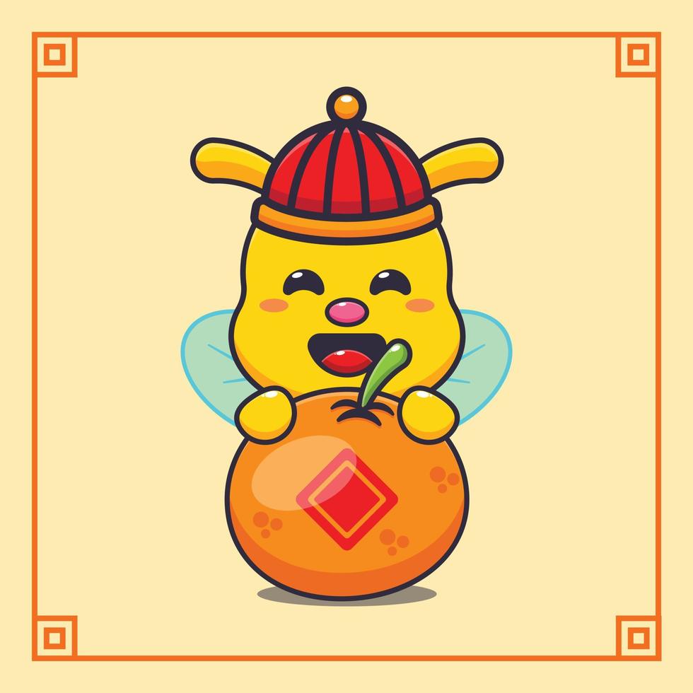 Cute bee with big orange in chinese new year. vector