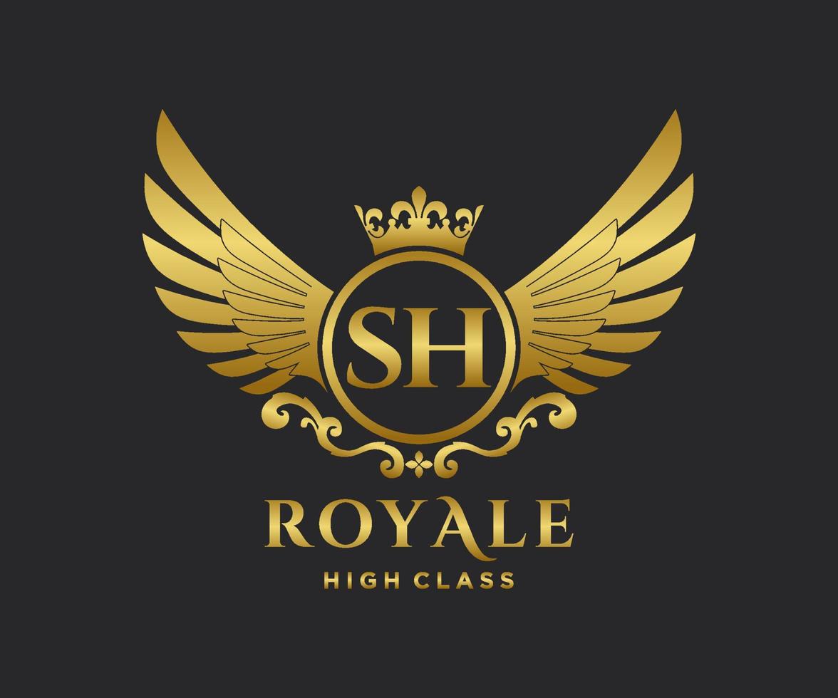 Golden Letter SH template logo Luxury gold letter with crown. Monogram alphabet . Beautiful royal initials letter. vector