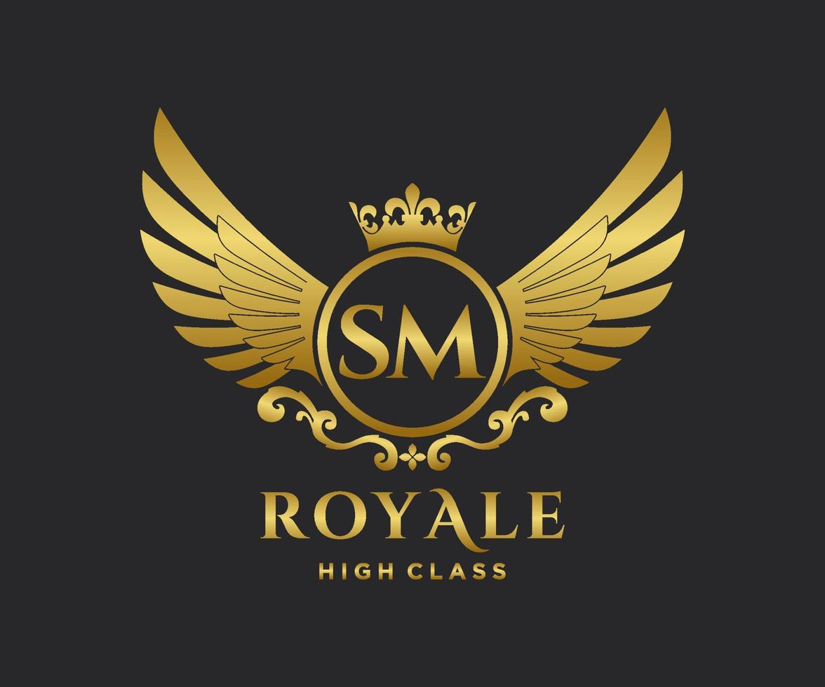 Golden Letter SM template logo Luxury gold letter with crown. Monogram alphabet . Beautiful royal initials letter. vector