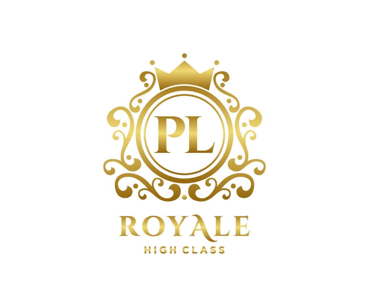 Golden Letter PL template logo Luxury gold letter with crown. Monogram alphabet . Beautiful royal initials letter. vector