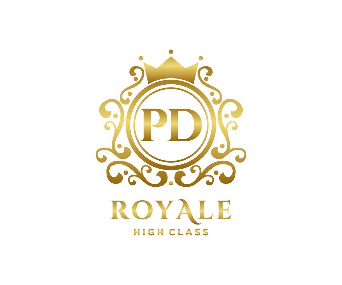 Golden Letter PD template logo Luxury gold letter with crown. Monogram alphabet . Beautiful royal initials letter. vector