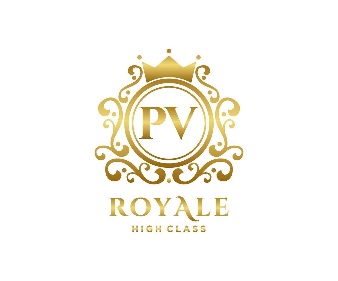 Golden Letter PV template logo Luxury gold letter with crown. Monogram alphabet . Beautiful royal initials letter. vector