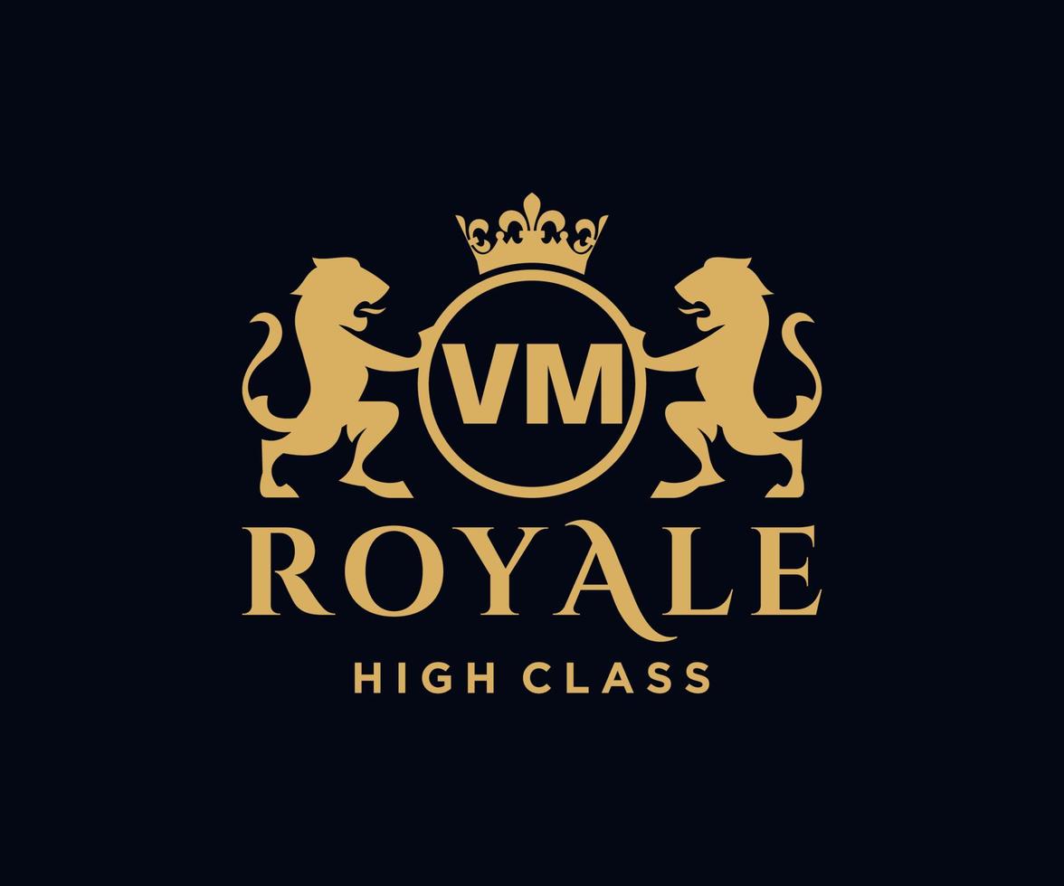 Golden Letter VM template logo Luxury gold letter with crown. Monogram alphabet . Beautiful royal initials letter. vector