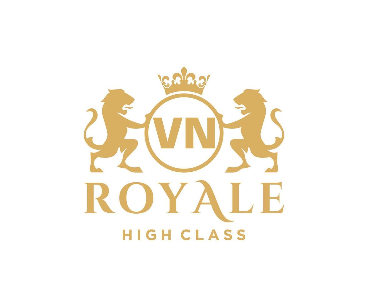 Golden Letter VN template logo Luxury gold letter with crown. Monogram alphabet . Beautiful royal initials letter. vector