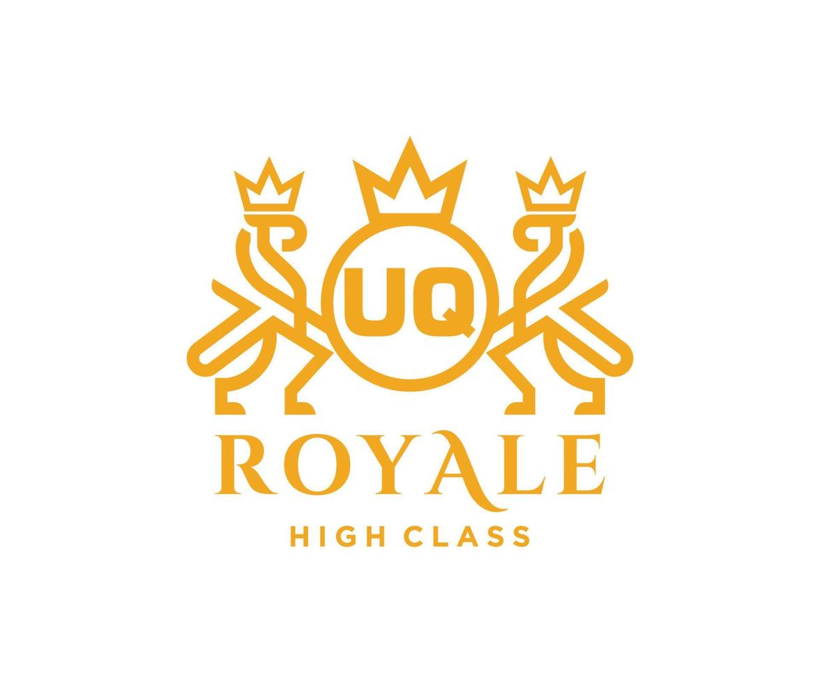 Golden Letter UQ template logo Luxury gold letter with crown. Monogram alphabet . Beautiful royal initials letter. vector