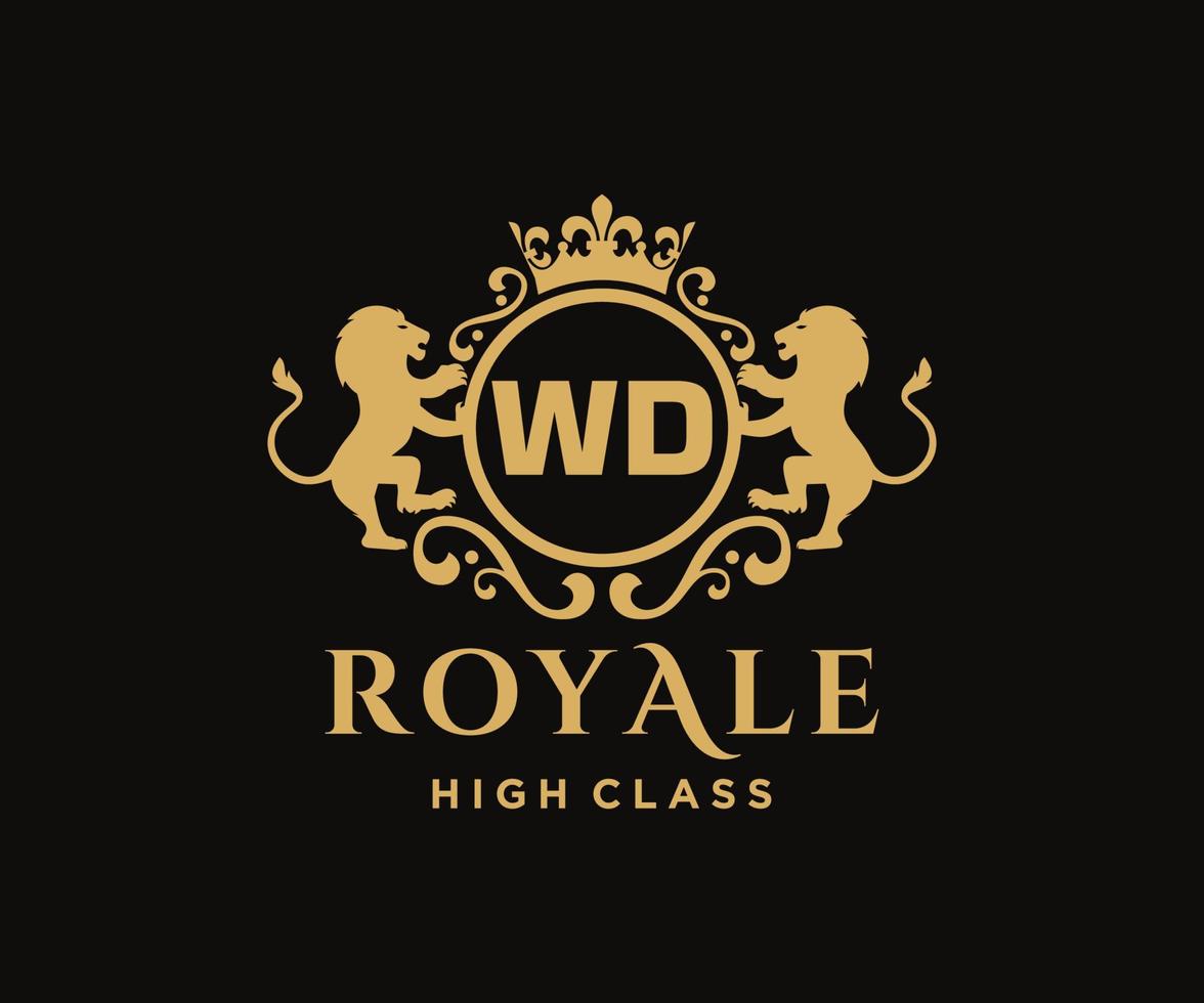 Golden Letter WD template logo Luxury gold letter with crown. Monogram alphabet . Beautiful royal initials letter. vector