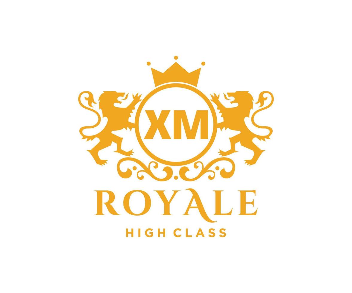 Golden Letter XM template logo Luxury gold letter with crown. Monogram alphabet . Beautiful royal initials letter. vector