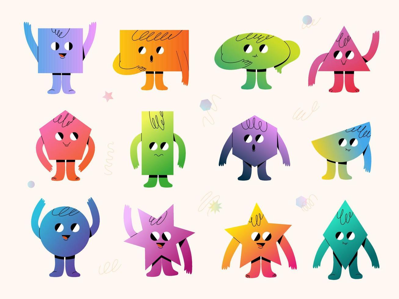 Set of Various bright basic Geometric Figures with face emotions, hands and legs. Different shapes. Hand drawn trendy Vector illustration for kids. Cute funny characters. All elements are isolated