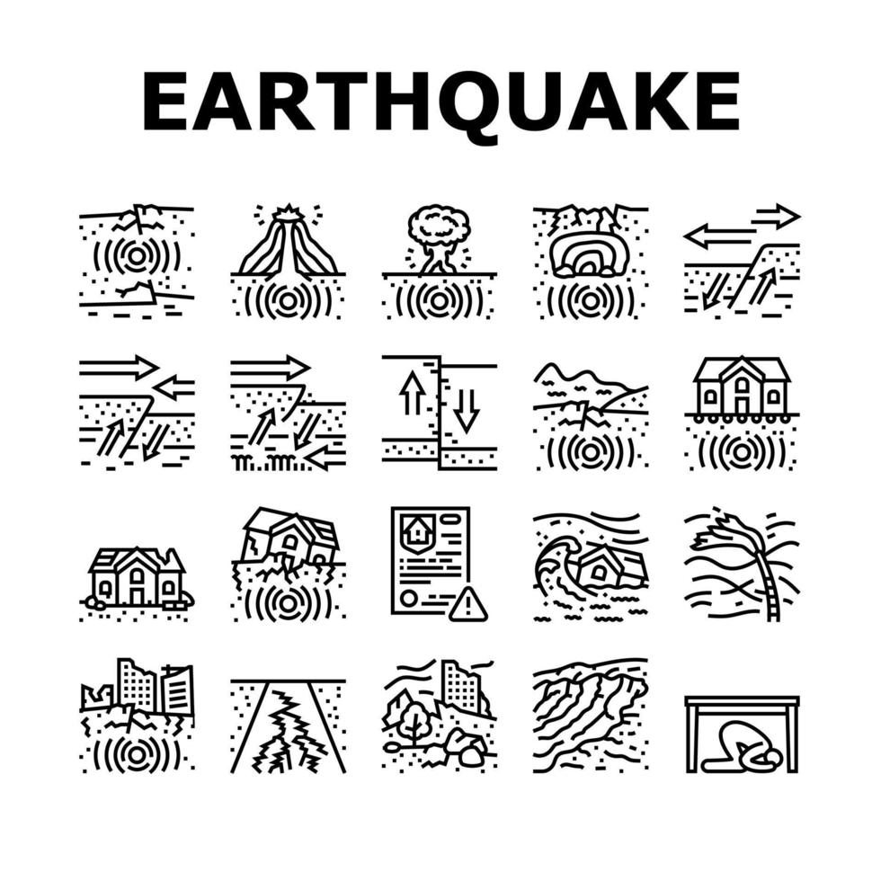 terremoto desastre ola grieta íconos conjunto vector