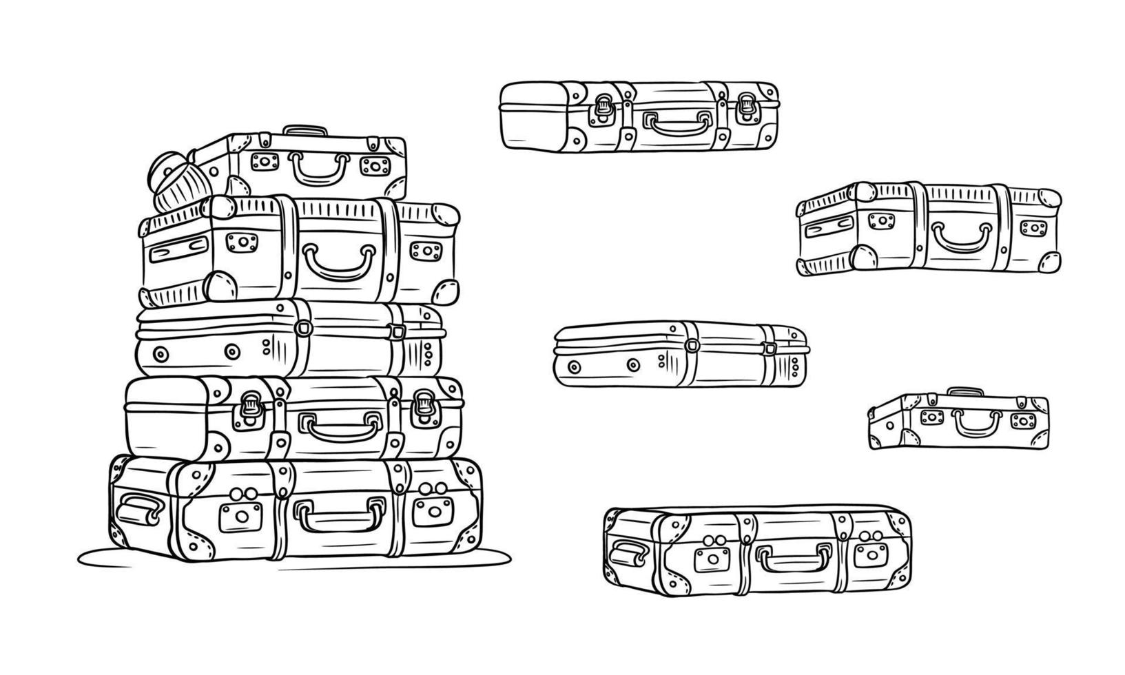 Classic retro travel suitcases lie on top of each other and individually. Cartoon style. Line. vector