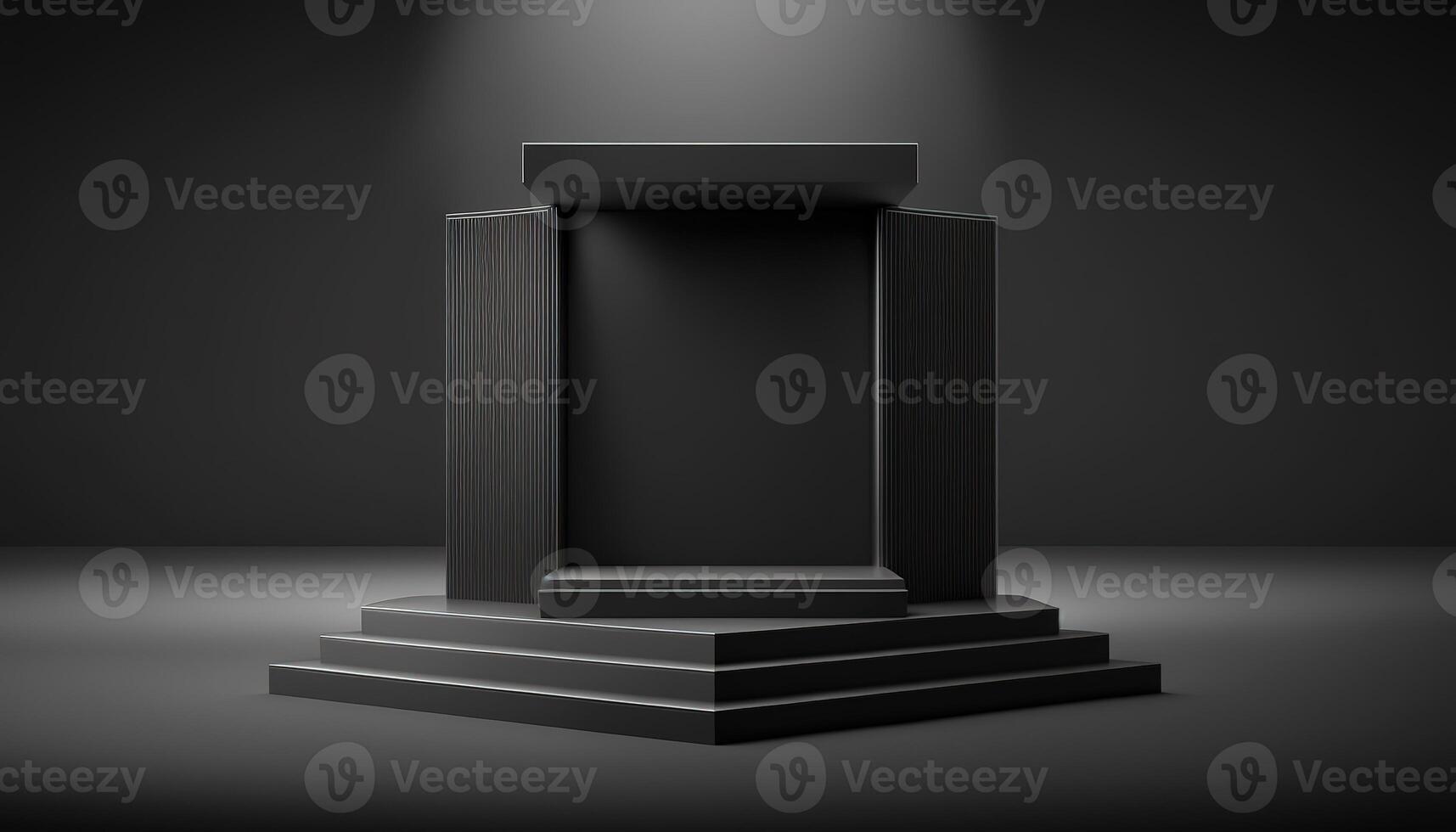 Realistic 3D black theme podium for product display. photo