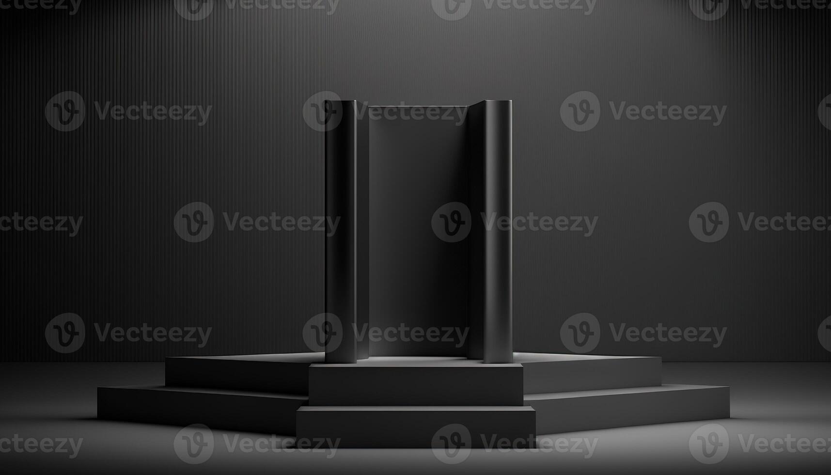 Realistic 3D black theme podium for product display. photo