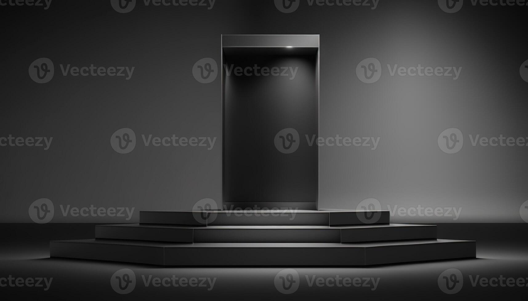 Realistic 3D black theme podium for product display. photo