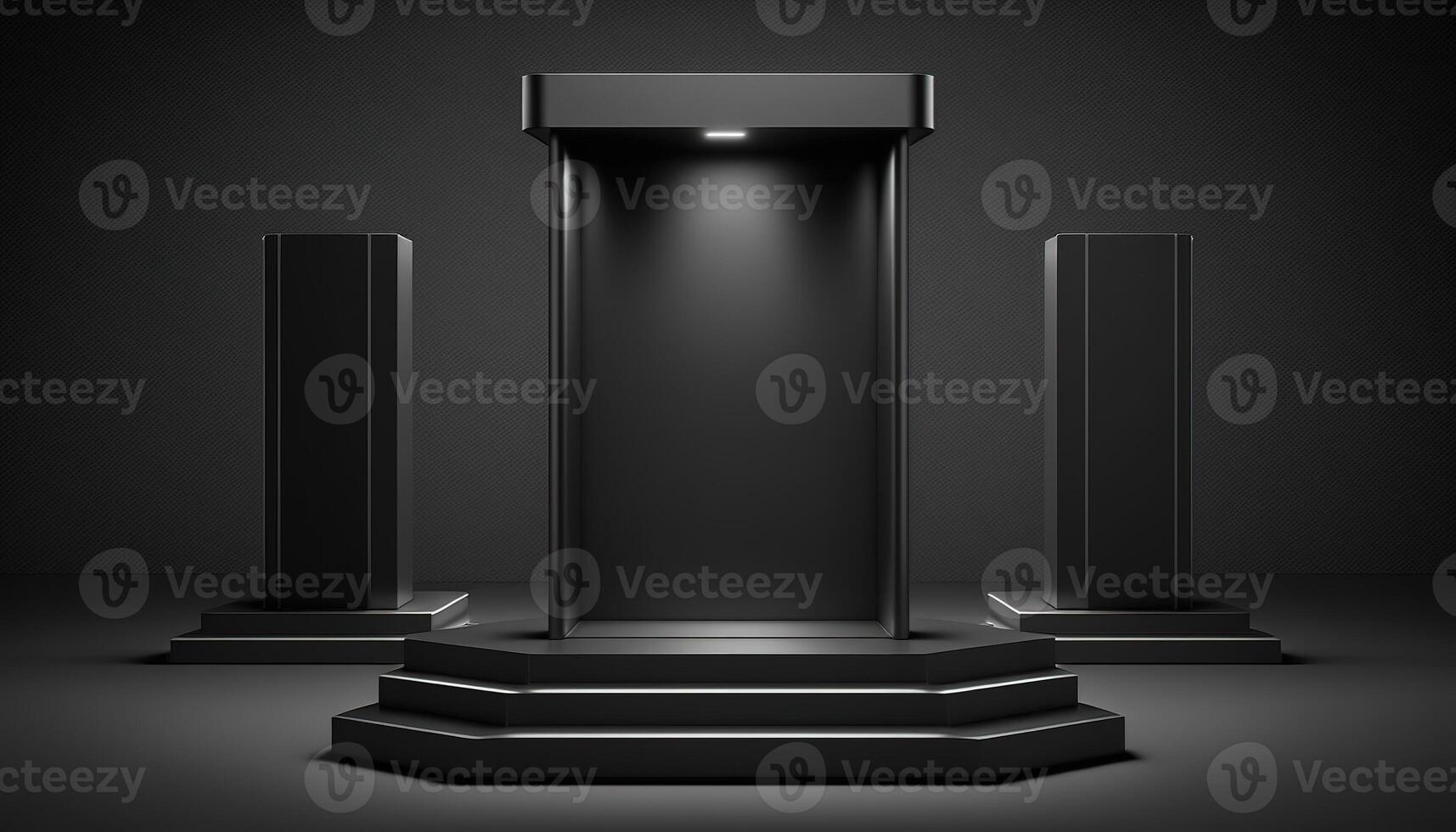 Realistic 3D black theme podium for product display. photo