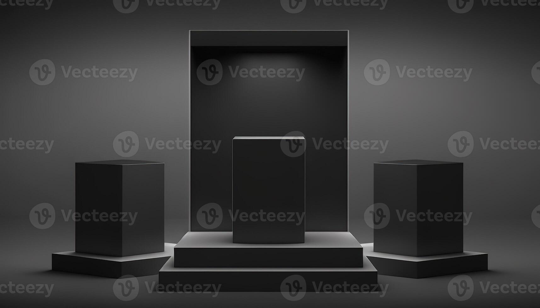 Realistic 3D black theme podium for product display. photo