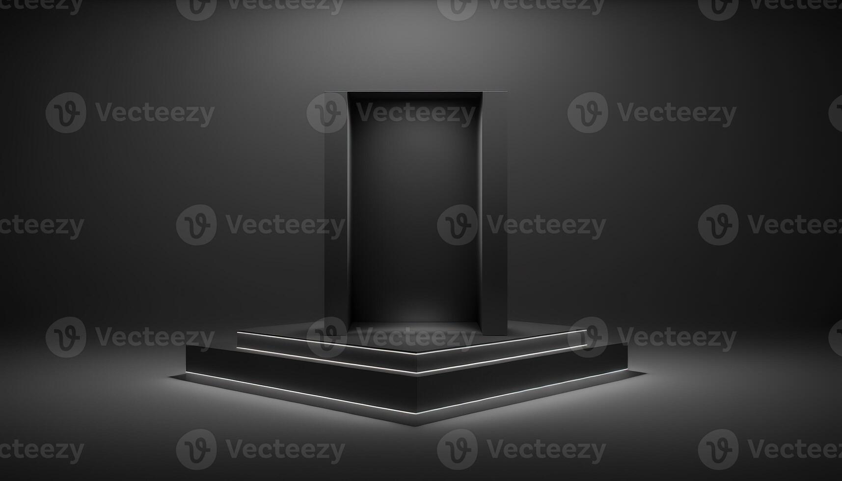 Realistic 3D black theme podium for product display. photo