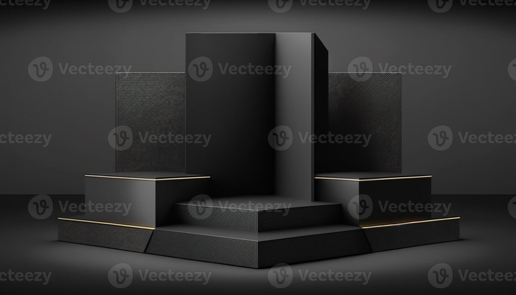 Realistic 3D black theme podium for product display. photo