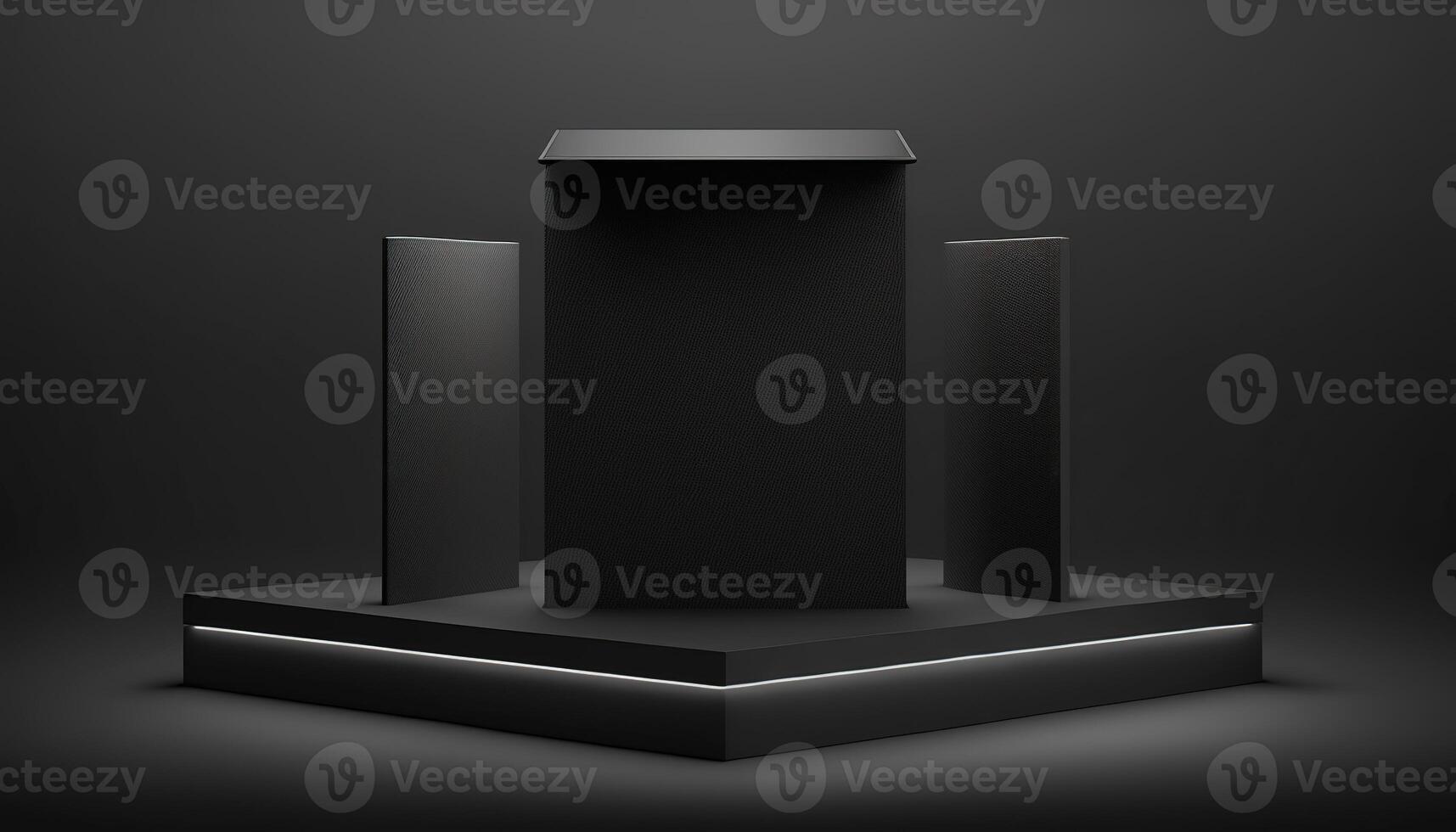 Realistic 3D black theme podium for product display. photo